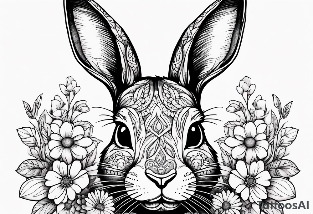 bunny head with flowers around it tattoo idea