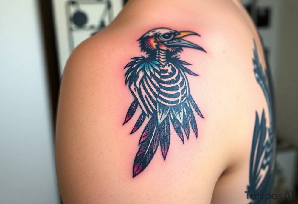 Powerful mythical creature that is raven skeleton with peackock feathers tattoo idea