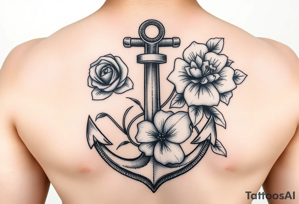 anchor with a rose, a lily and a hydrangea add color tattoo idea