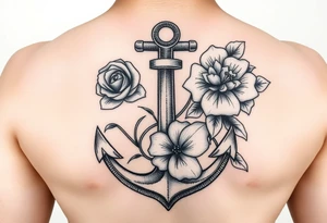 anchor with a rose, a lily and a hydrangea add color tattoo idea