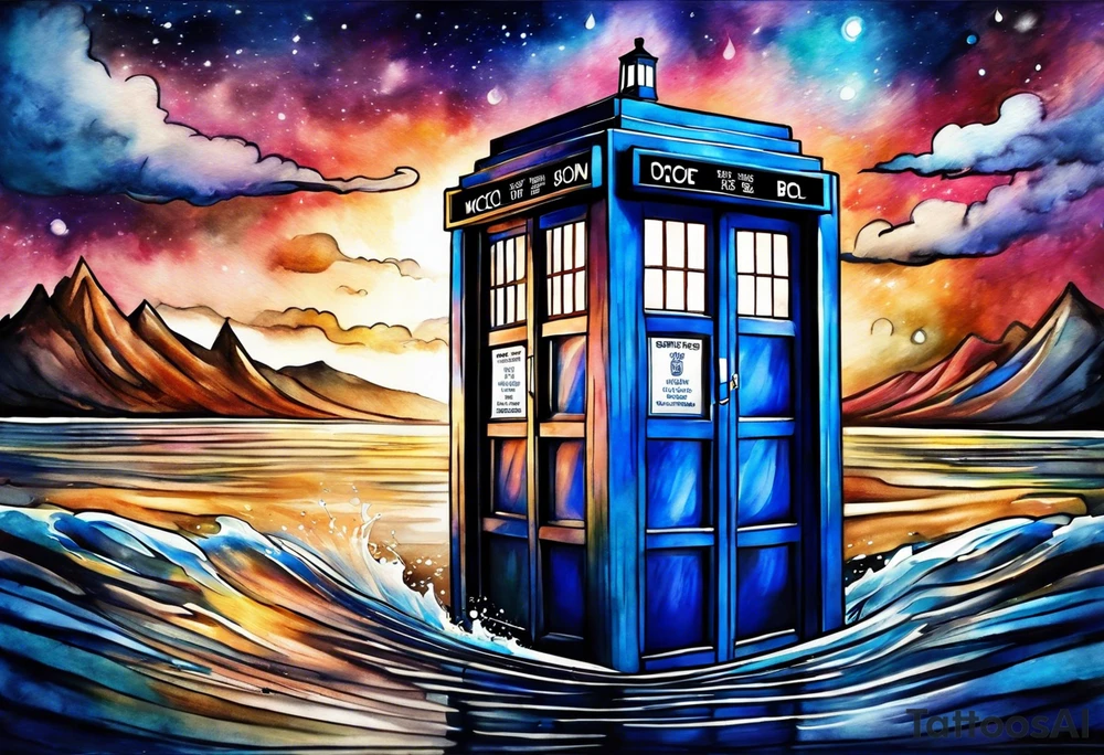 Doctor who tardis with water color coming out around the edges tattoo idea