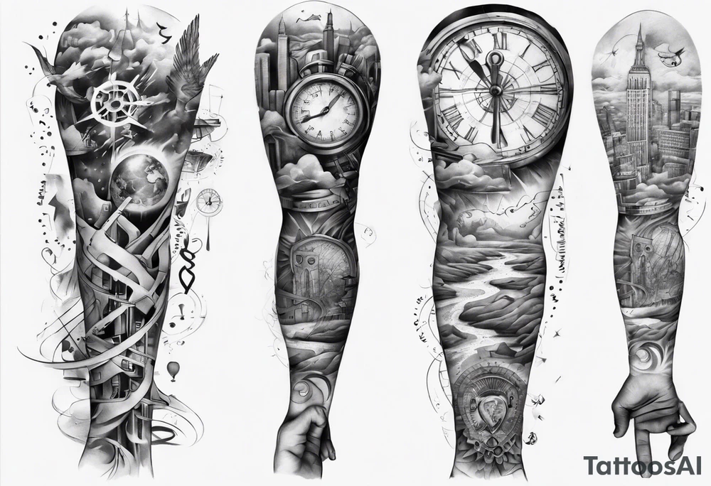 full arm tattoo for man with images of maps and travel and dna strands and music tattoo idea