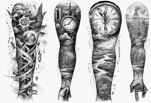 full arm tattoo for man with images of maps and travel and dna strands and music tattoo idea