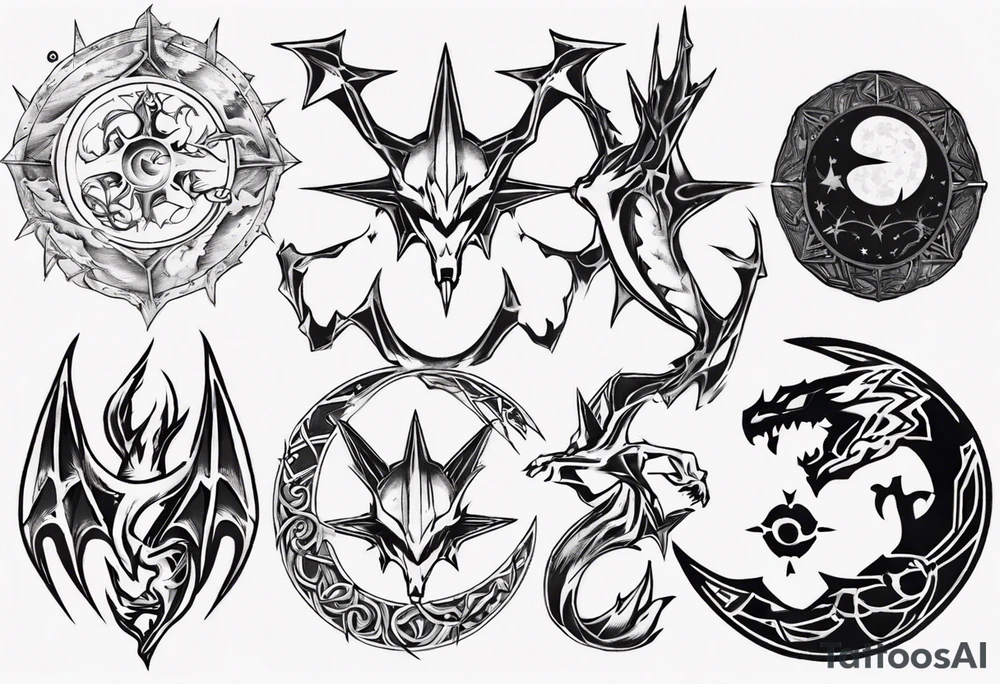 Charizard. Cross. Ahur. Sun. Moon tattoo idea