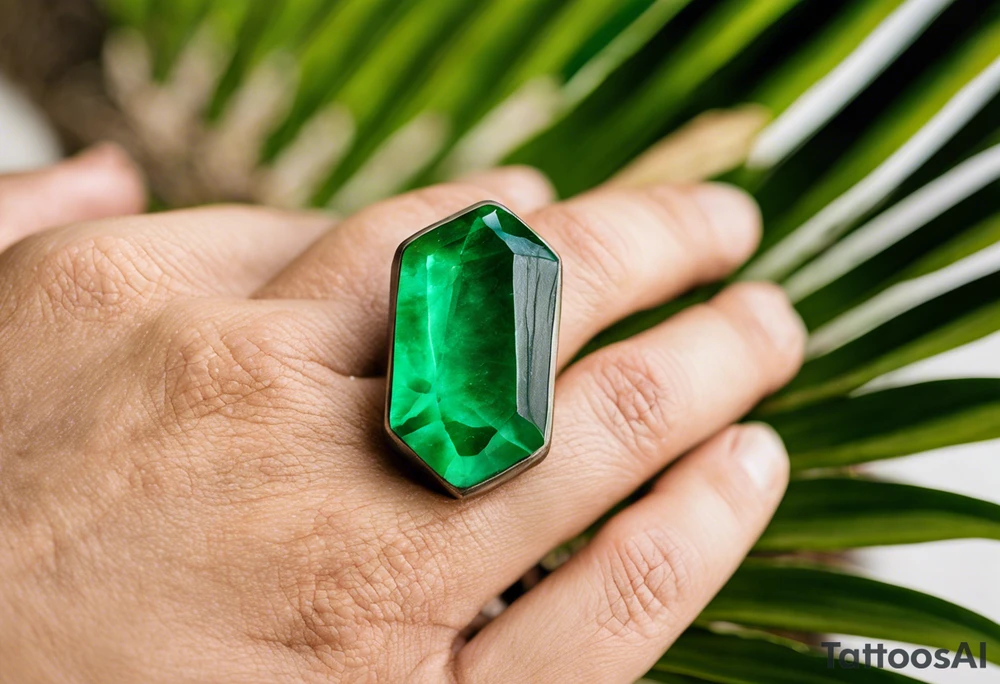 Tattoo: A striking Gachala emerald sits at the base of a tall quindio wax palm, which grows resiliently from cracks in rugged, rocky soil. The emerald is the main focal point, symbolizing strength and endurance, while the wax palm, rooted in the soil’s crevices, represents growth and resilience. A small water stream flows gently from the rocks, adding an element of life and nourishment. Style: Minimalist. tattoo idea