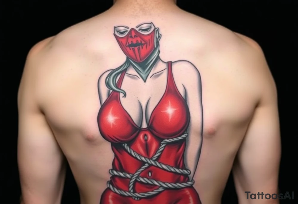 female nude sex slave, wearing red latex catsuit and latex face mask, bound in rope hip sized tattoo idea