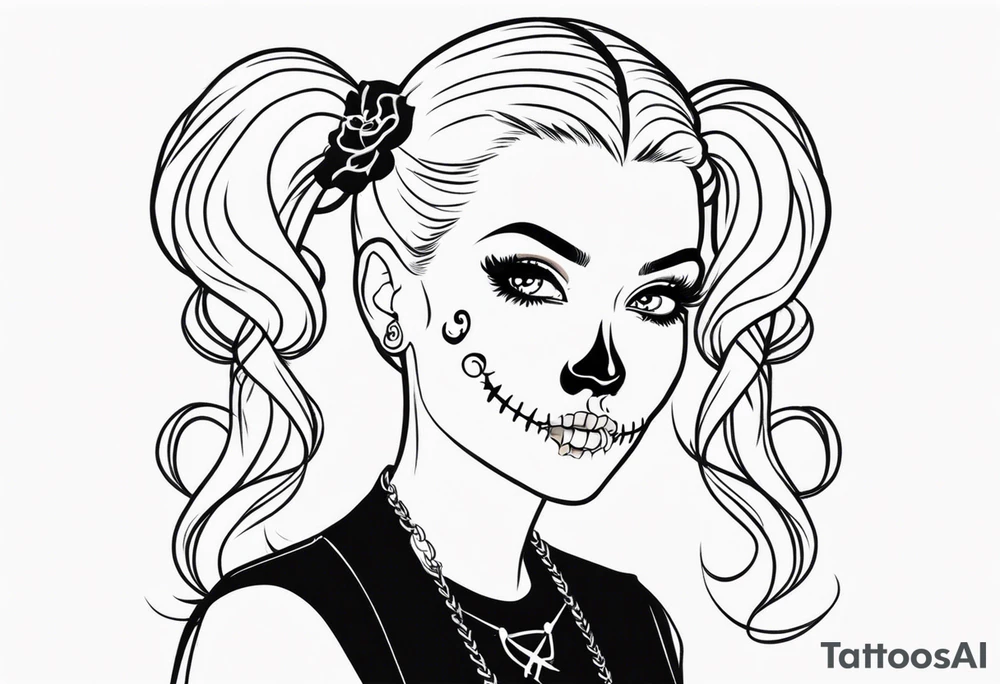 feminine skull  with hair in two blonde pigtails and crossbones underneath tattoo idea