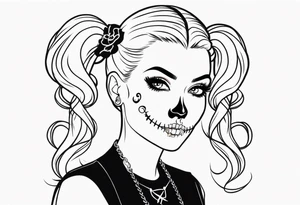 feminine skull  with hair in two blonde pigtails and crossbones underneath tattoo idea