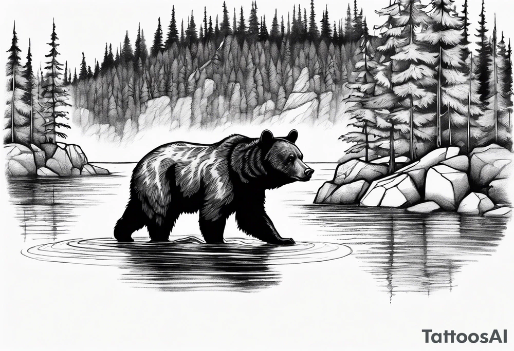 black bear over a forest with a lake below tattoo idea