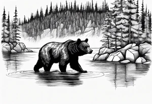 black bear over a forest with a lake below tattoo idea