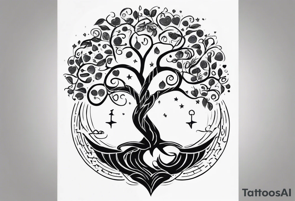 Micro realism tattoo design featuring the helix merging into the tree of life. With my zodiac sign libra holding the brain and heart on each side of the scale with the heart out weighing the brain tattoo idea