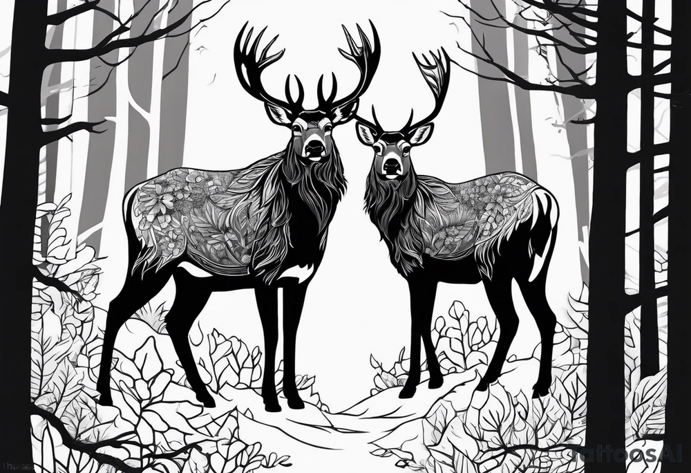 Make a tattoo of two norwegian elkounds standing in a forest. Make it a nordic themed tattoo tattoo idea