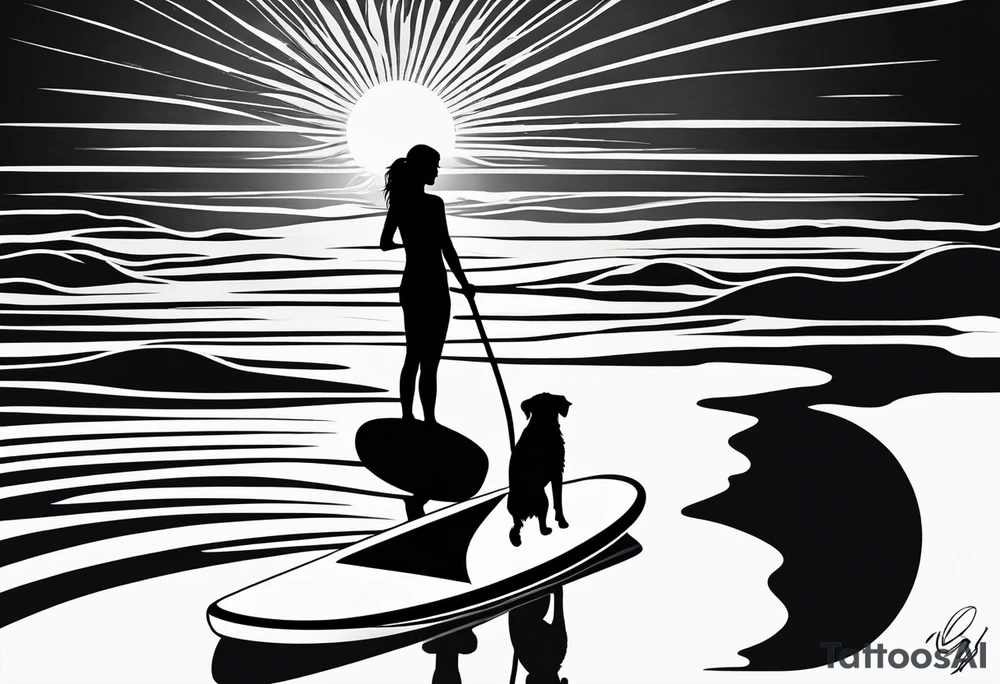 Silhouette of girl and little yorkie paddle boarding. Minimalist. Circle sun water one line tattoo idea