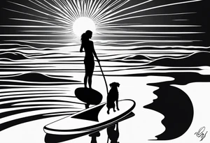 Silhouette of girl and little yorkie paddle boarding. Minimalist. Circle sun water one line tattoo idea