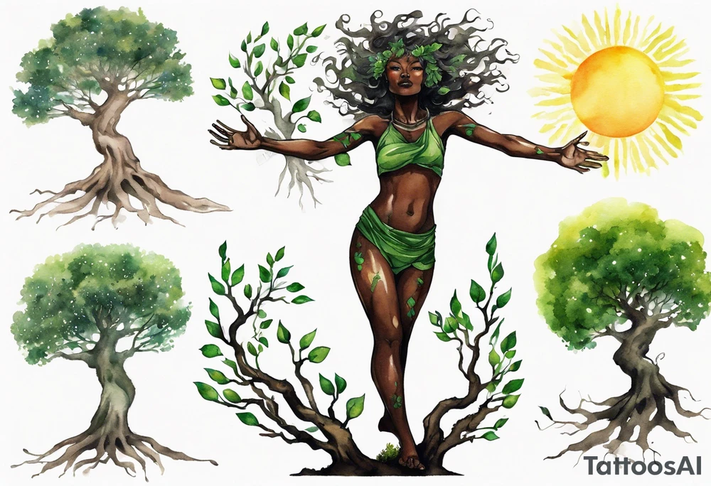 A tree woman with dark skin with green eyes with branch arms reaching up towards the sun and feet planted in the soil tattoo idea