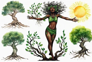 A tree woman with dark skin with green eyes with branch arms reaching up towards the sun and feet planted in the soil tattoo idea