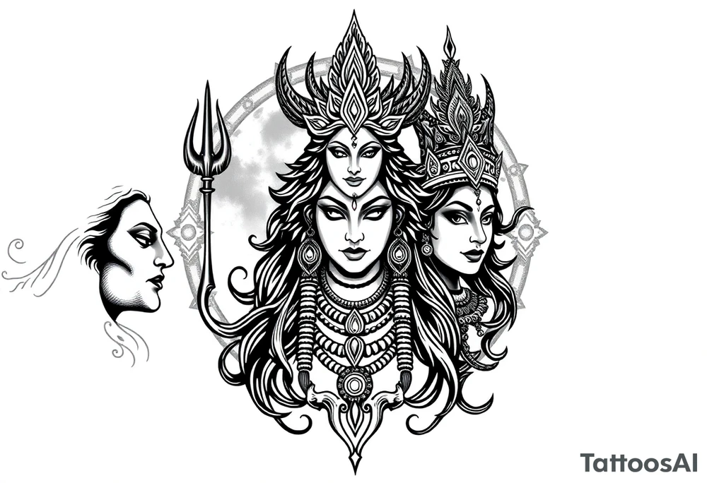 Lord Shiva, Godess Kali, Godess Lilith with the moon phases in the background tattoo idea
