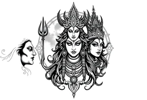 Lord Shiva, Godess Kali, Godess Lilith with the moon phases in the background tattoo idea