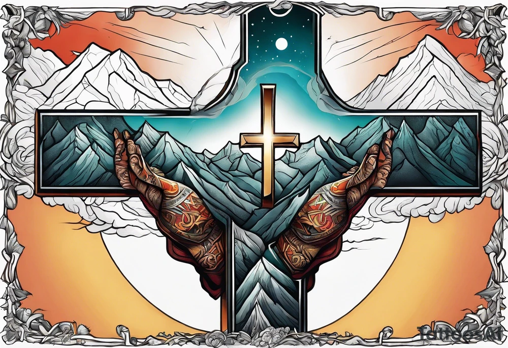 hand reaching through the cross of Christ in the mountains tattoo idea