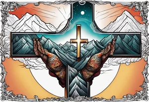 hand reaching through the cross of Christ in the mountains tattoo idea