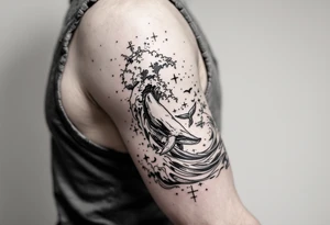 Fine line powerful ocean half sleeve with a wave, a whale and other elements with some shading tattoo idea