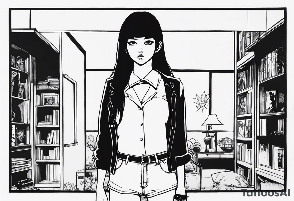 portrait of tomie standing up a character by the horror manga author junji ito full body standing murderously. add more horror and gore elements tattoo idea