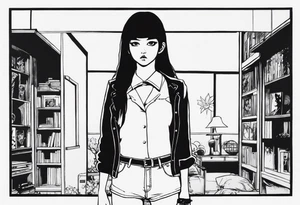 portrait of tomie standing up a character by the horror manga author junji ito full body standing murderously. add more horror and gore elements tattoo idea
