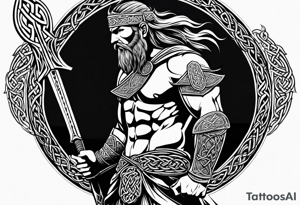 Side facing full body shot of Celtic warrior with weapon unsheathed. tattoo idea