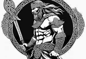 Side facing full body shot of Celtic warrior with weapon unsheathed. tattoo idea