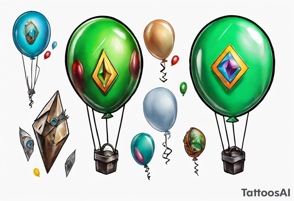piton real with colored ballons from movie up! aside and a green gem on the other side tattoo idea