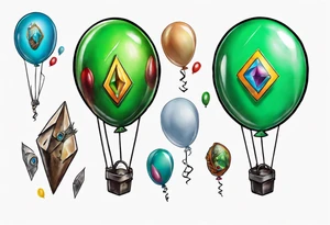 piton real with colored ballons from movie up! aside and a green gem on the other side tattoo idea