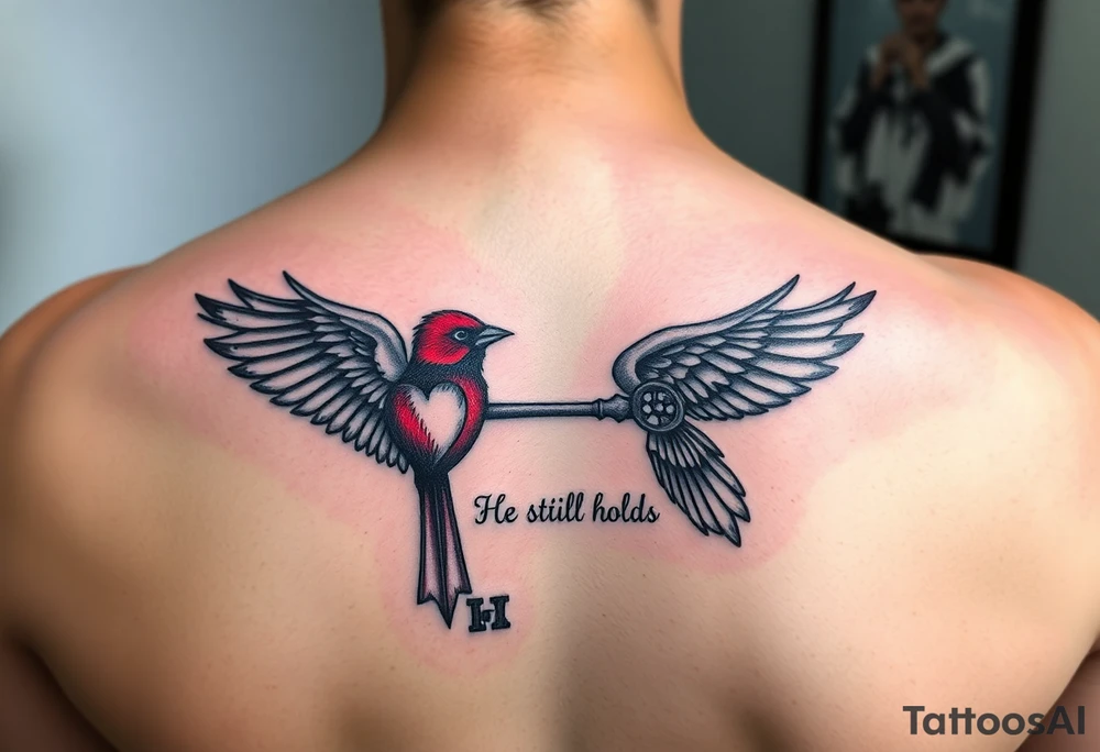 I had a matching tattoo with my fiancé that died. He had the key and I had the heart. I want something with a red bird holding the key with the words he still holds the key tattoo idea