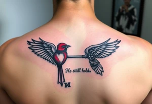 I had a matching tattoo with my fiancé that died. He had the key and I had the heart. I want something with a red bird holding the key with the words he still holds the key tattoo idea