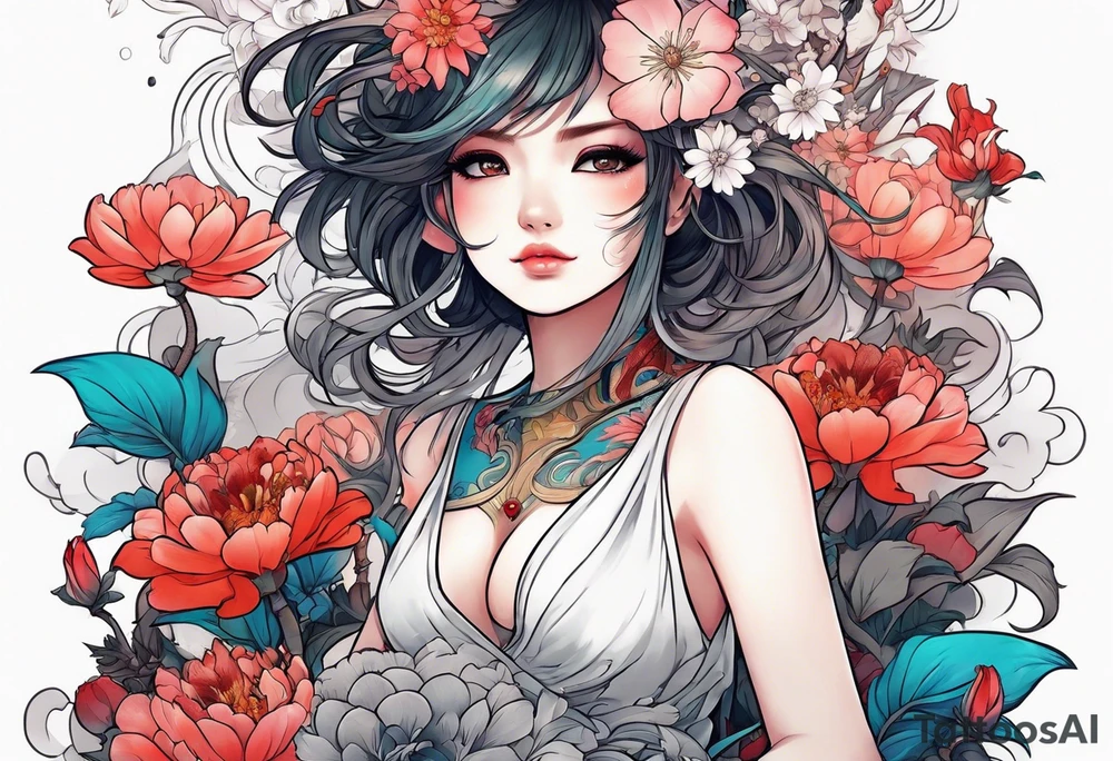 an anime girl sitting sideway on a asian monster surrounded by flowers tattoo idea