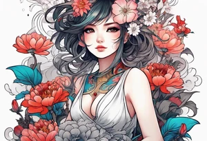 an anime girl sitting sideway on a asian monster surrounded by flowers tattoo idea