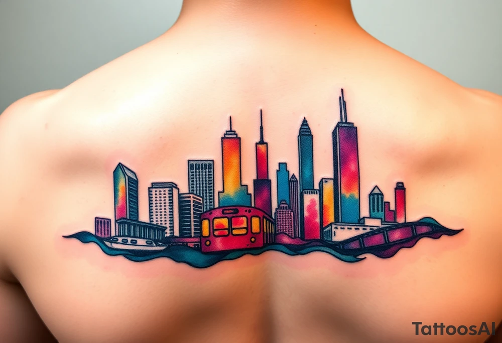 A Chicago skyline tattoo with the L train tattoo idea