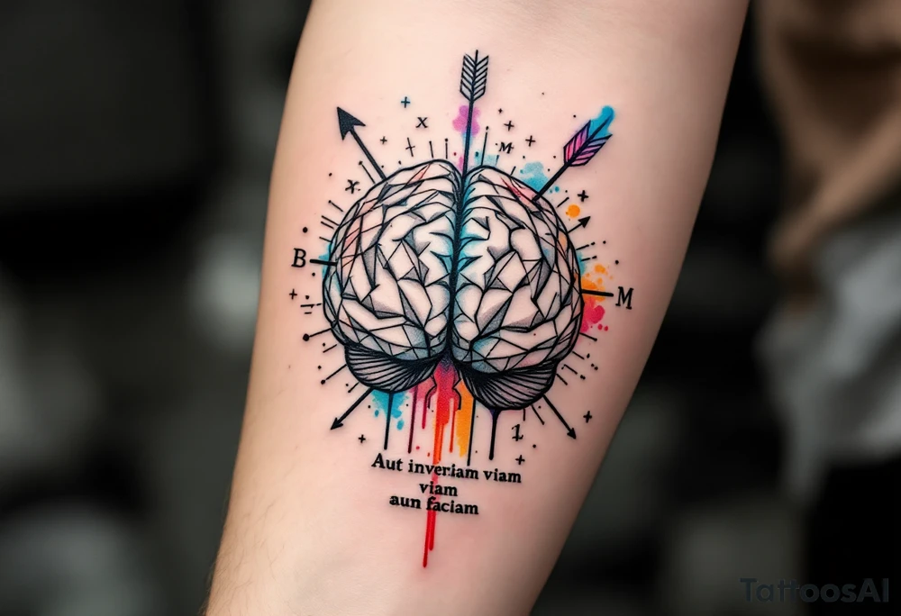 A front-seen brain in geometric and straight lines, math symbols arround, the phrase "Aut inveniam viam aut faciam" and a detailed arrow crossing from above with watercolors leaking from its tip tattoo idea