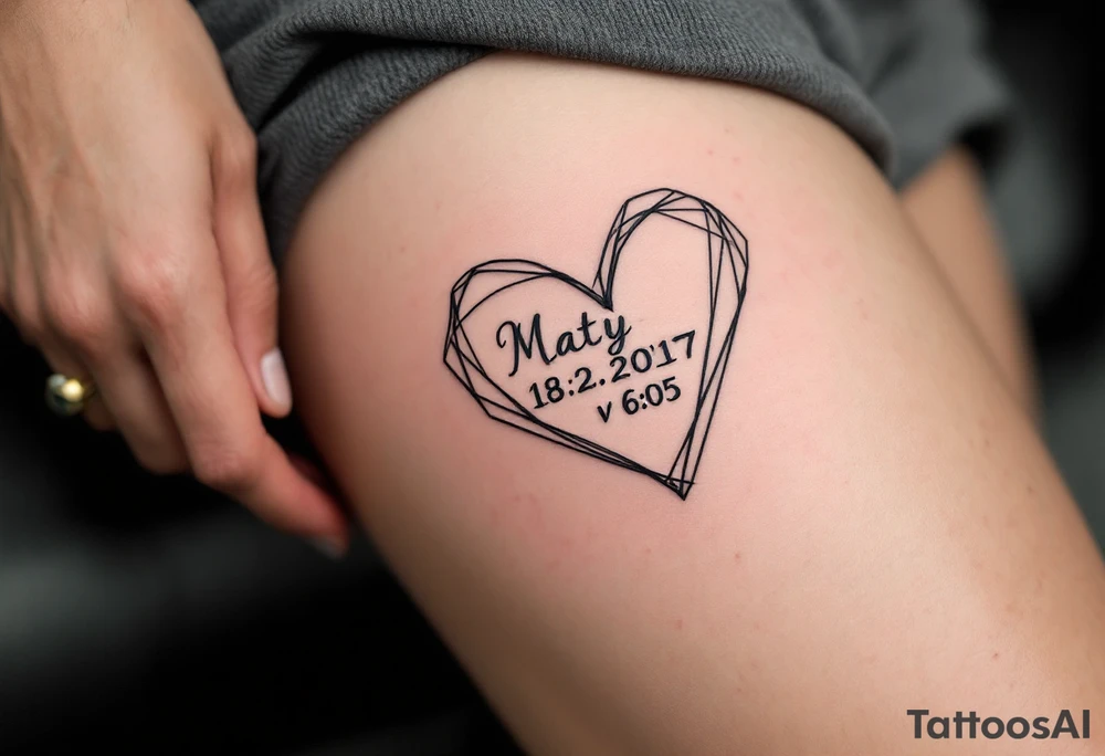 Minimalist line-art heart enclosing "Maty – 18.2.2017 v 6:05" in muted charcoal gray. tattoo idea