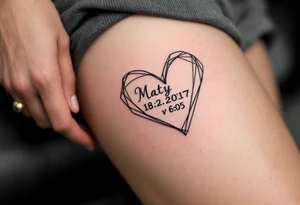 Minimalist line-art heart enclosing "Maty – 18.2.2017 v 6:05" in muted charcoal gray. tattoo idea