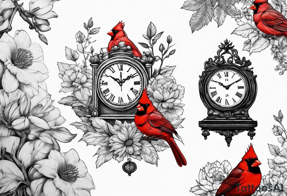 Trees, flowers, clock, red cardinal, representing growth from grief tattoo idea