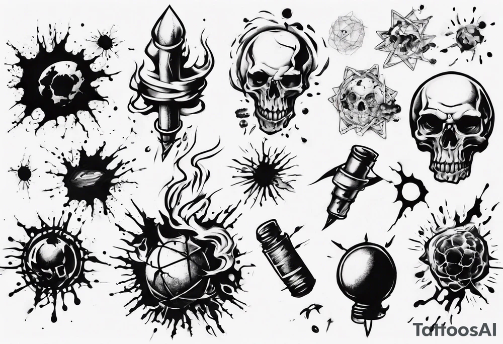 - blot 
- bomb
- atoms splitting
- beauty
- life at a small scale
- man against the world
- doom
- banksy tattoo idea