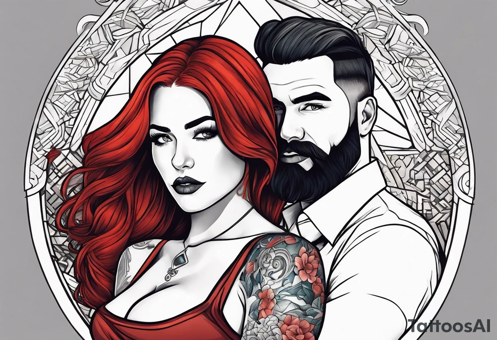 Busty Red haired woman with black haired bearded man tattoo idea