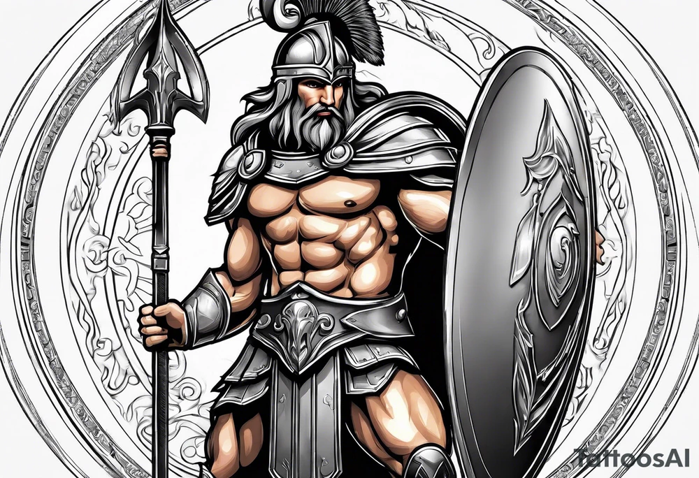 Ares greek God, holding his spear and shield tattoo idea