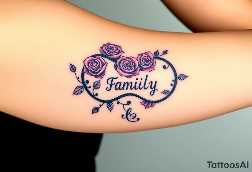 A swirling infinity symbol made of delicate roses, with the word "family" carved into the petals tattoo idea