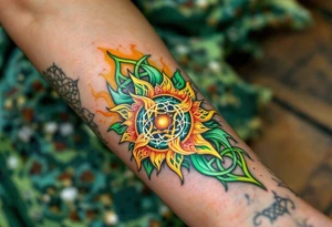 This golden Celtic sun, with emerald green knotwork, glows like an ancient druidic emblem on the forearm. tattoo idea