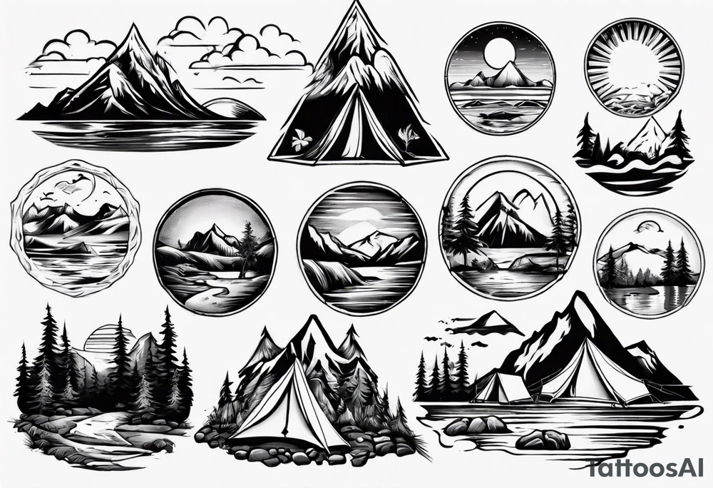 mountains, beach, waves, sunset, camping, trees tattoo idea