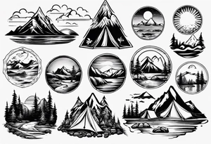 mountains, beach, waves, sunset, camping, trees tattoo idea