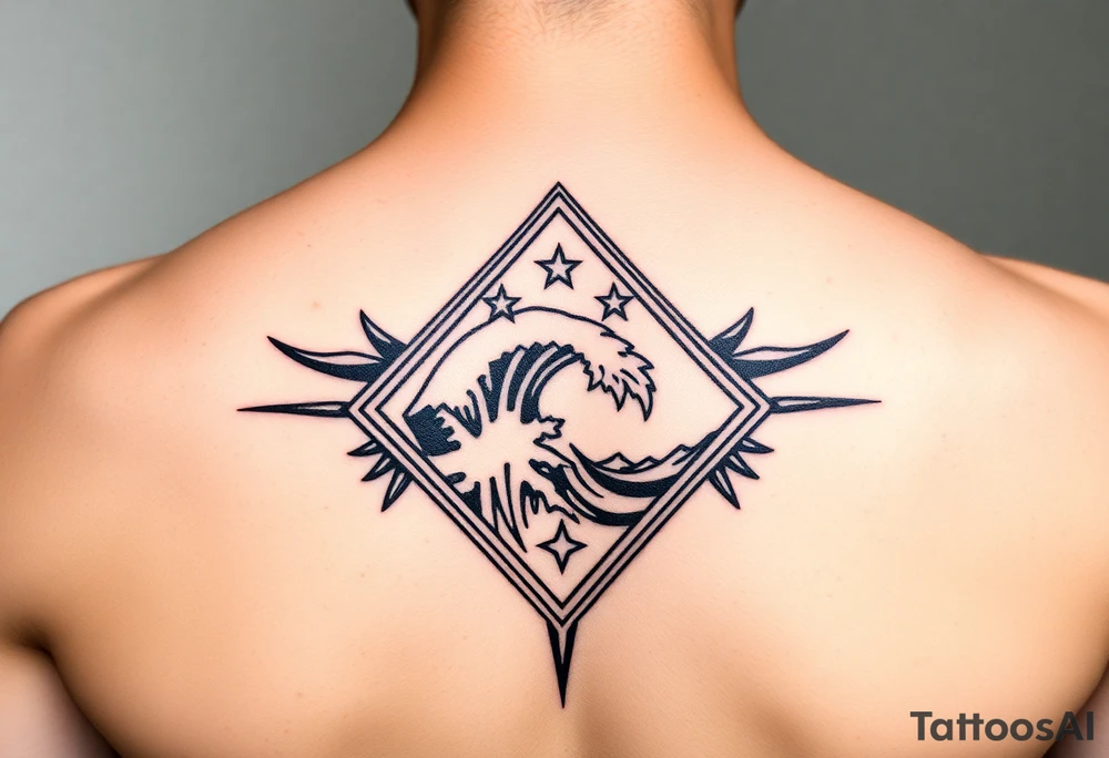 A powerful wave with stars inside of a elongated diamond tattoo idea