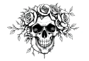 ornate skull adorned with crown of wild roses and thorns tattoo idea