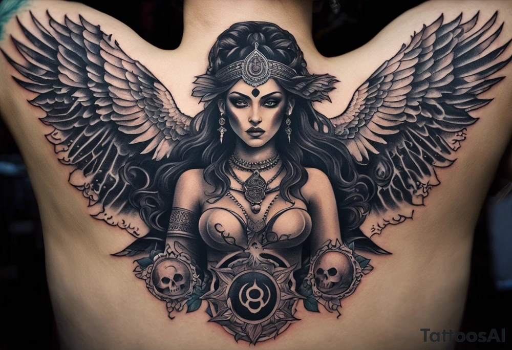 black kali, goddess pirate, alien, angel, pachamama, valkrye, warrior, flying, skull, lotus azul, wing, eagle, zenza resonance, stars, 5D, anahata chakra, death, durga, riding on a tiger, flying lady, kundalini, chest tatoo, rebel tattoo idea